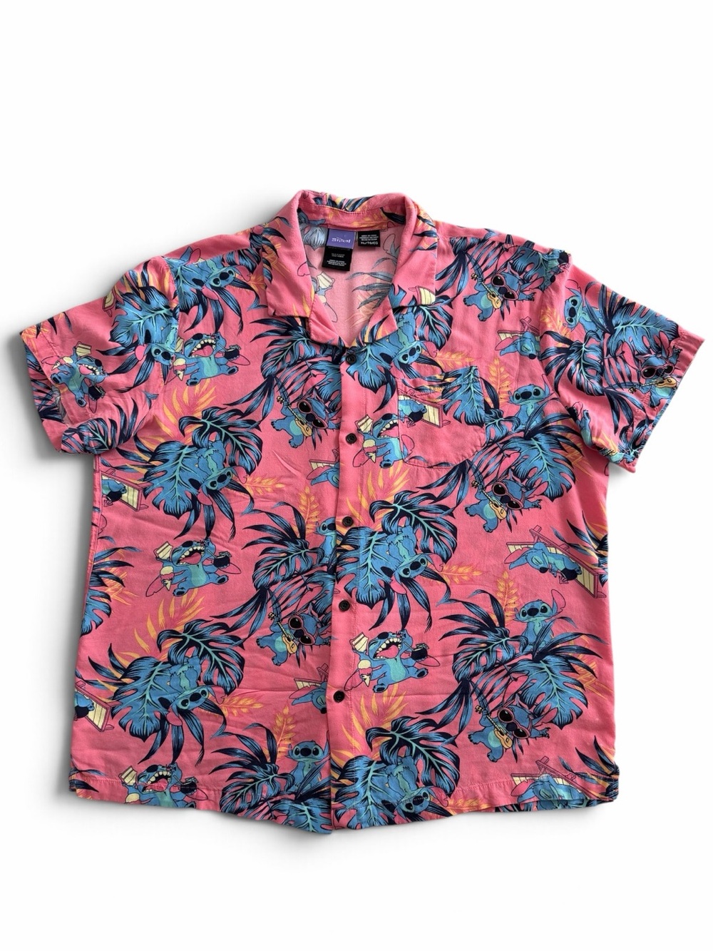 Disney Men's Pink Short-Sleeve Hawaiian Shirt with Blue Tropical Print